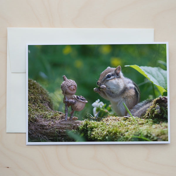 A closed greeting card with text on top of an off-white envelope on a pale wood surface. On the card is a photo of a Becorn holding a basket of sunflower seeds standing on a mossy log next to a chipmunk that is eating a seed.