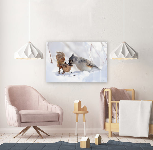 The photo of a Becorn and tufted titmouse in the snow as a metal print, mounted without a frame on an off-white wall. The metal print faintly reflects an unseen plain wall. Underneath it is a wooden chair and crib, and it is bracketed by white hanging lamps.