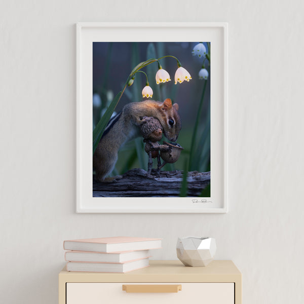 The photo of a Becorn and chipmunk underneath snowbells in a thin, white frame hanging on an off-white wall. Underneath it is a small table with an accent bowl and a small stack of books. In the lower right corner of the print’s white border is David Bird’s signature.