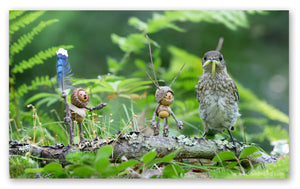 Two Becorns and a juvenile bluebird standing on a log. One Becorn is holding a stick with a bluejay feather on the end and appears to be speaking to the bluebird. The bluebird has a green inchworm in its beak that resembles a mustache.