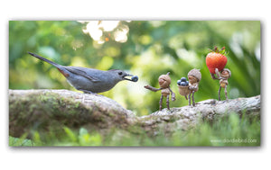 Three Becorns and a grey catbird are standing on a log. The grey catbird has a blueberry in its beak. The Becorn closest to the bird is reaching out a hand toward it and smiling. The second becorn is holding a basket of blueberries. The third is holding a large strawberry.