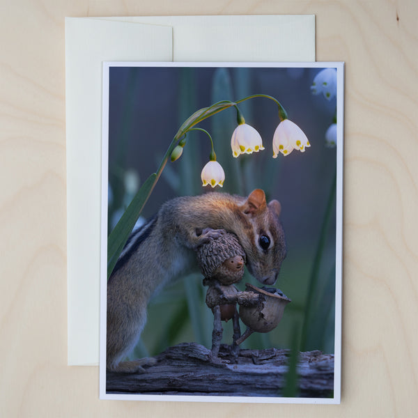 A closed greeting card with text on top of an off-white envelope on a pale wood surface. On the card is a photo of a Becorn holding a basket of seeds with a chipmunk standing and leaning over it from behind to sniff at the seeds. Three snowbell flowers above them glow a warm white color.