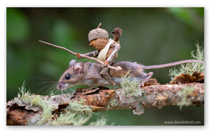 A Becorn holding a staff riding on the back of a brown mouse over a stick covered in lichen.