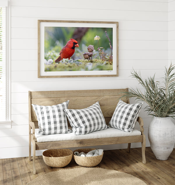 The photo of a Becorn and a cardinal in a light wooden frame hanging on a white shiplap wall. In the lower right corner of the print’s white border is David Bird’s signature. Underneath it is a light wooden couch with gray check pillows and a potted plant.