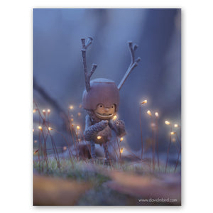 A Becorn with a helmet and antlers gazes in wonder at a tiny glowing flower that is shaped like a cone. He is surrounded by more of the same glowing flowers. The background is a misty blue.